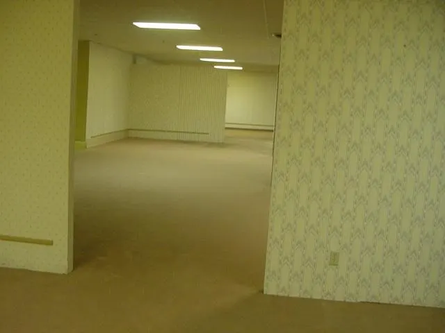 Uma sala amarela e vazia sob luzes fluorescentes, evocando o mundo liminar de Backrooms