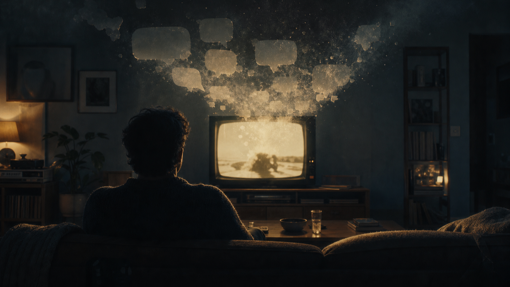 Uma pessoa assiste a um filme enquanto fragmentos de diálogo lembrado se desfazem acima da televisão